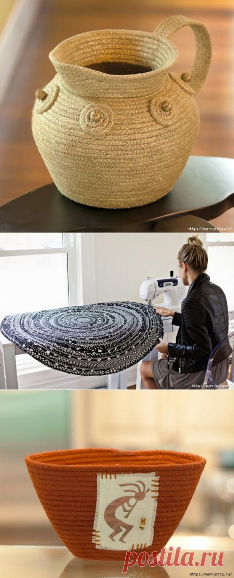 Корзинки, вазочки и коврик из лоскутков и бельевой веревки.