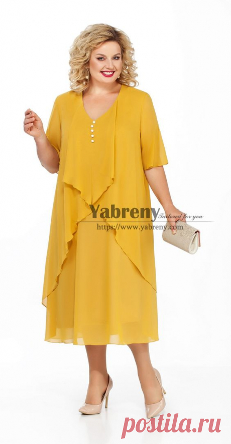 Gold Yellow Plus Size Chiffon Mid-Calf Women's Dresses,Vestidos de mujer mps-569-2