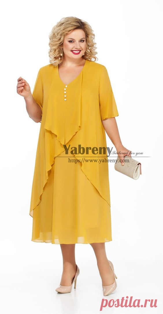 Gold Yellow Plus Size Chiffon Mid-Calf Women's Dresses,Vestidos de mujer mps-569-2
