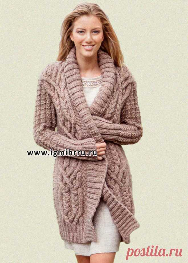 Кардиган

Уютный длинный кардиган  с красивыми переплетениями из кос.

Размеры (европейские): 36-40 
Размеры (российские): 42-46. 

Вам потребуется: 1050 г коричневой меланжевой (цв. 5) пряжи Lana Grossa FIORE (70% шерсти, 30% альпака, 60 м/50 г); прямые спицы № 7 и № 8; длинные круговые спицы № 7. 

Техника вязания. 
Резинка: попеременно 2 лиц., 2 изн. 
Изнаночная гладь: лиц. р. - изн. п., изн. р. - лиц. п. 
Узор из кос: вязать на 28 п. по схеме. В изн. р. вязать петли по...