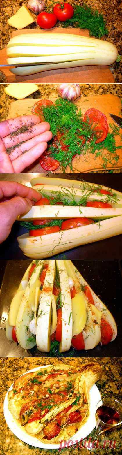 "Гитара" из кабачка, начиненного сыром, зеленью и овощами