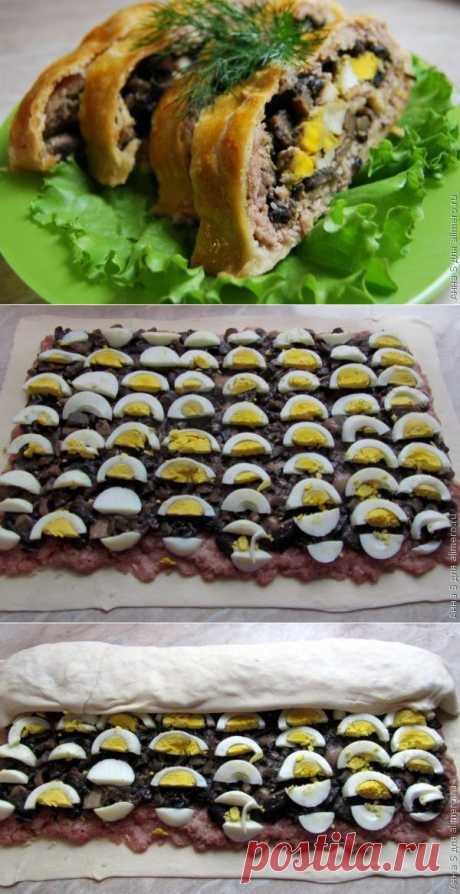 Мясной рулет с грибами в слоеном тесте