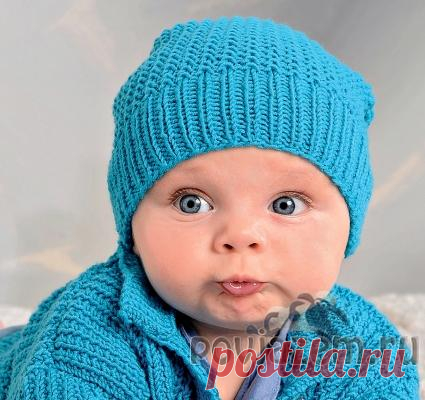 Шапочка для новорожденного спицами с широкой резинкой