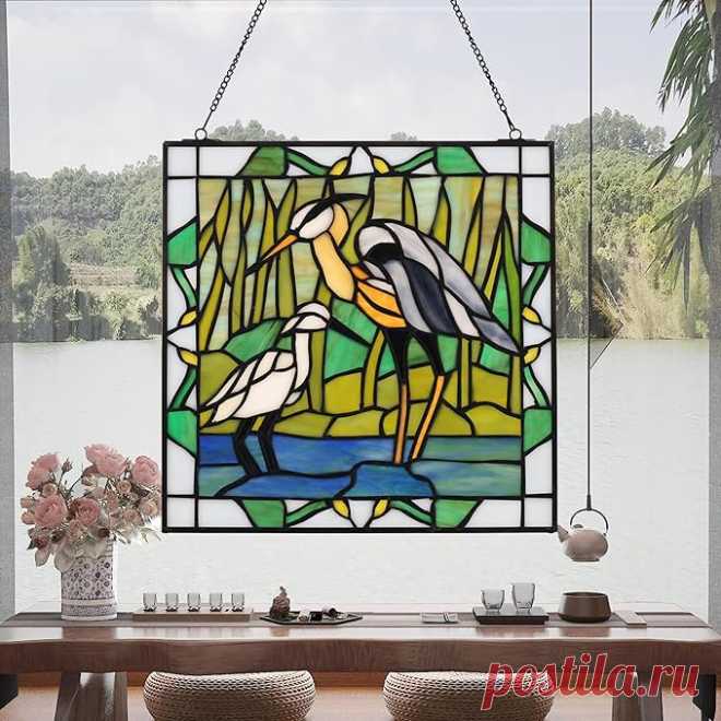 Amazon.com: YOURANJU Atrapasoles para colgar ventanas de vidrieras hechas a mano, estilo Tiffany, grúa blanca, decoración de pared, panel de arte cuadrado de 12 pulgadas de diámetro, incluye cadena de 20 pulgadas : Hogar y Cocina