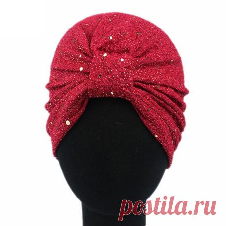 Red Stretchy Hat Turban with Gold Sequins Pleated Cap Beanie