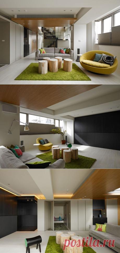 Бело-зеленая гостиная из дерева в стиле фьюжн Asian