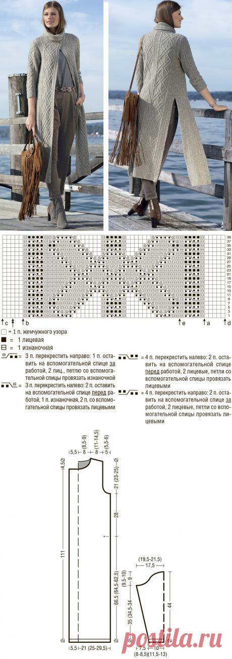 Длинное пальто спицами