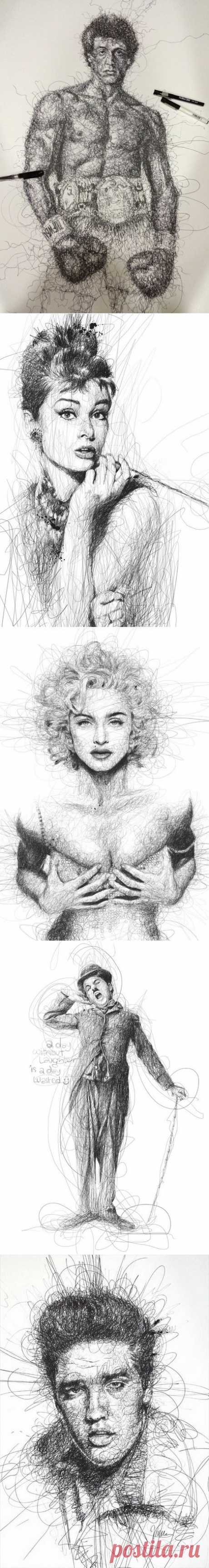 Энергичные портреты знаменитостей, нарисованные &quot;каракулями&quot; Винс Лоу – иллюстратор из Малайзии. Идея создавать оригинальные портреты селебритиз родилась у него спонтанно: вначале он, как и многие, любил делать наброски рисунков в записной книжке. Увидев, что результат получается довольно впечатляющим, Винс Лоу решил создать целую серию необычных работ.