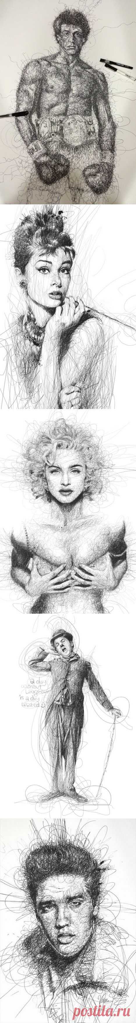 Энергичные портреты знаменитостей, нарисованные "каракулями" Винс Лоу – иллюстратор из Малайзии. Идея создавать оригинальные портреты селебритиз родилась у него спонтанно: вначале он, как и многие, любил делать наброски рисунков в записной книжке. Увидев, что результат получается довольно впечатляющим, Винс Лоу решил создать целую серию необычных работ.