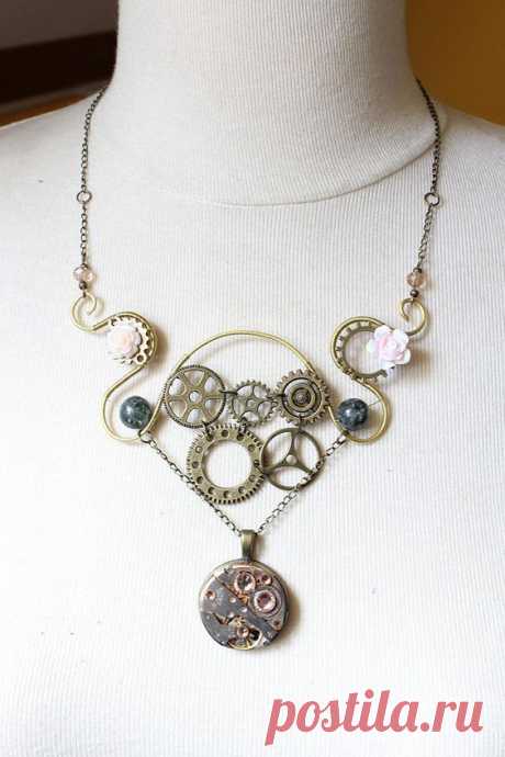 Symetric steampunk necklace in art nouveau motive handmade with brass frame, bronze colored gears, acrylic flowers, mechanical watch pendant | Acry…
