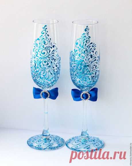 Купить Акция! -50%! Бокалы ручная роспись в синем цвете - Бокалы, бокалы на свадьбу