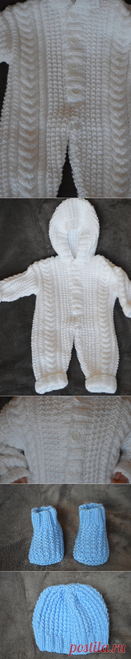 Baby Aran Snowsuit with attached Hood in White with Blue Hat