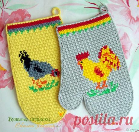 Прихватки "Петушок и курочка" Вязаные крючком пасхальные прихватки "Петушок и курочка". Схемы
