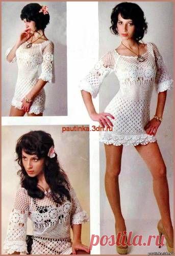 Белое вязаное платье с рюшами - Схемы вязания платья - Схемы для вязания - Уроки вязания крючком - Вязание крючком, мотивы, схемы для вязания крючком