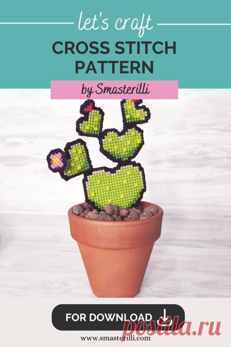 3D realistic potted cactus cross stitch pattern for plastic canvas. Pattern and detailed tutorial with photos and instructions by Smasterilli. Digital cross stitch pattern for instant download. Plastic Canvas Project.
