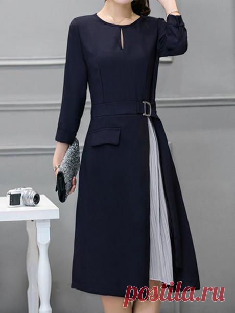 JustFashionNow Navy Blue Women Elegant Dress A-line Going out Dress 3/4 Sleeve Elegant Paneled Dress