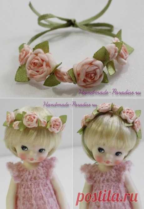 Ободок с розочками из ткани для куклы - Handmade-Paradise