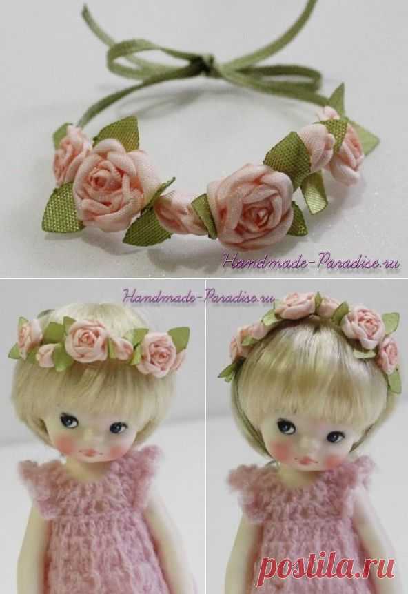 Ободок с розочками из ткани для куклы - Handmade-Paradise