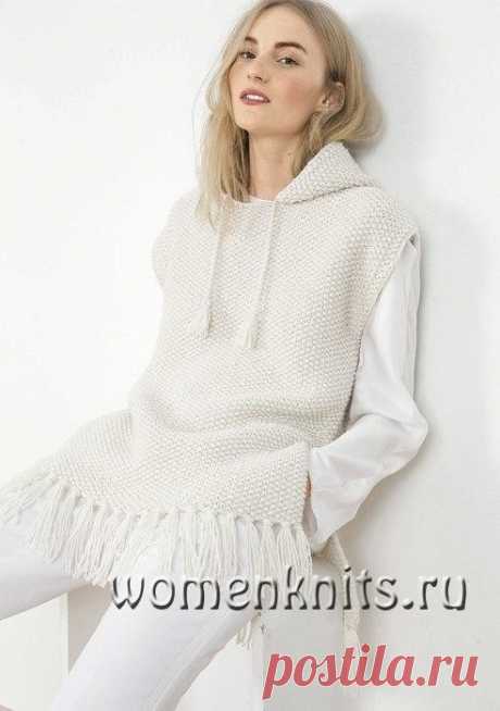 Стильный жилет спицами с капюшоном и бахромой
Описание: https://womanknits.ru/vyazanie-dlya-zhenshchin/bezrukavki-zhilety/stilnyj-zhilet-spicami-s-kapyushonom-i-bakhromoj