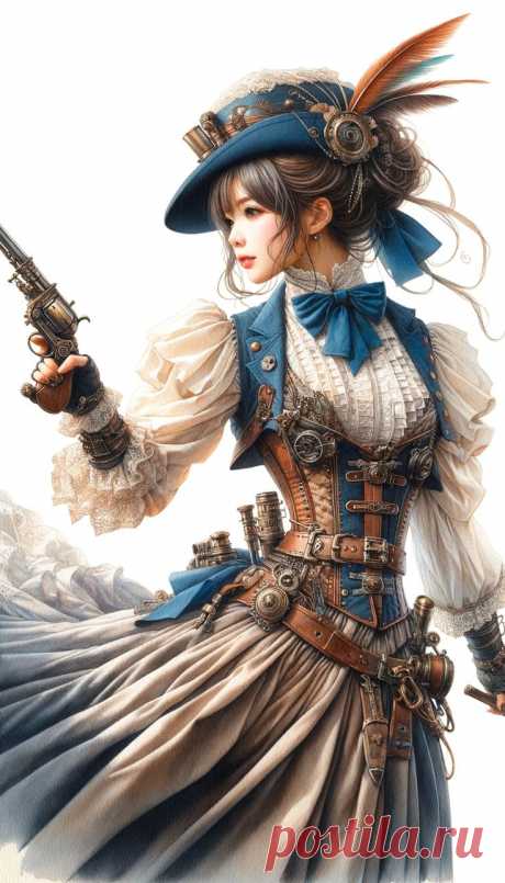 Стимпанк. Женщина. Викторианский стимпанк.  Револьвер.