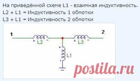 L1 - взаимная индуктивность.
L2 + L1 = Индуктивность 1 обмотки
L3 + L1 = Индуктивность 2 обмотки
Давайте (для примера) сделаем модель для трансформатора с коэффициентом связи k = 1, у которого коэффициент трансформации = 10.
При этом индуктивность первичной обмотки будет , допустим, 1 Гн.
Тогда индуктивность вторичной обмотки = 1/10^2 = 0.01 Гн
 
Взаимная индуктивность M = k*sqrt(1*0.01) = 0.1 Гн (это индуктивность для L1)
L2 = ИндуктивностьПервичнойОбмотки - 0.1 = 0.9 Гн