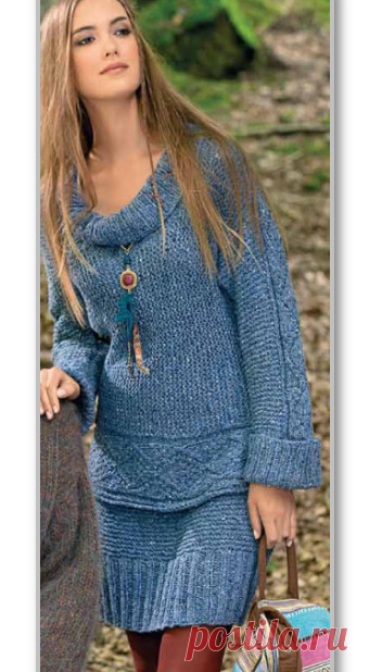 Вязание спицами. Фотогалерея моделей для женщин. Меланжевый комплект: короткая юбка и пуловер поперечной вязки. Размеры: 36/38 (40/42)