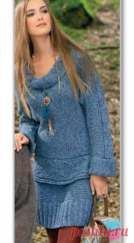 Вязание спицами. Фотогалерея моделей для женщин. Меланжевый комплект: короткая юбка и пуловер поперечной вязки. Размеры: 36/38 (40/42)