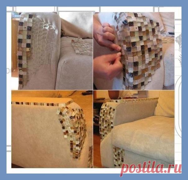 Все о дизайне интерьера Как защитить мягкую мебель от острых коготков невоспитанного кота? Как отремонтировать уже испорченные места на диване? Смотрите под катом подборку отремонтированной мягкой мебели — от кожи и мозаики до вязания, вышивки и печворка