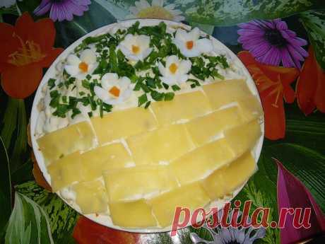 ЛЮБИМЫЙ С АПЕЛЬСИНОМ !!!  **Слоями, под майонез: 1)картофель -кр/тёрка, 2)морковь по-корейски, 3)апельсин 2шт -кубик, 4)отв/кура -кусочки, 5)яйцо -кр/тёрка. *Декор: сыр -пластины или на тёрку, зелень.