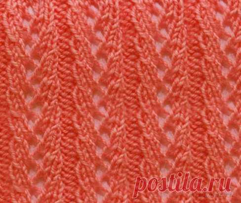 Ажурный узор спицами выполненные интересными полосами. Такой очаровательный узор очень красиво будет смотреться в женской одежде, например платье или ажурном летнем жакете.
В схеме показаны только лицевые ряды, а в изнаночных рядах вяжем все петли по рисунку. Накиды провязываем изнаночными петлями.
Раппорт узора составляет 7 петель в ширину + для симметрии узора 2 петли. 
В высоту раппорт повторяем с 1го по 4 ряд.
Вязаный узор спицами схема