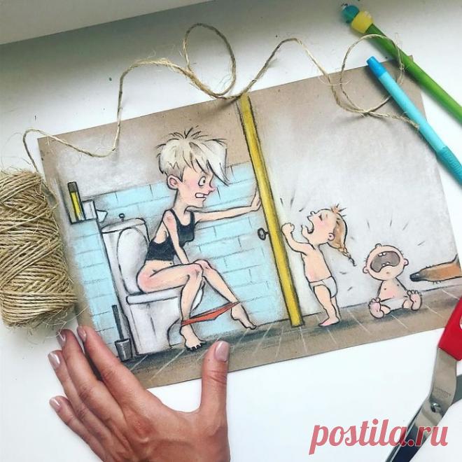 Фото, в которых можно узнать себя: художница изобразила будни с двумя детьми