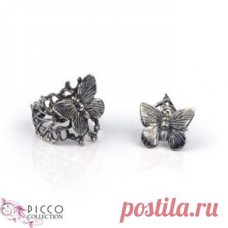 Комплект кафф + кольцо - Комплект кафф и кольцо "Маленькое лето - бабочки" серебро 925