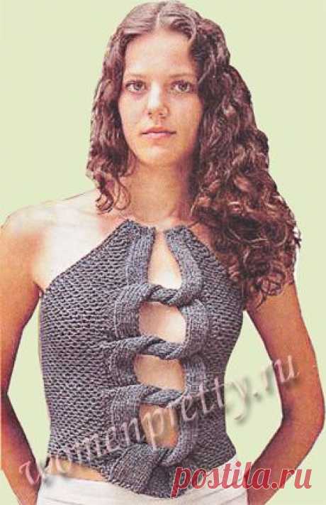 Вязаный спицами топик с имитацией завязок