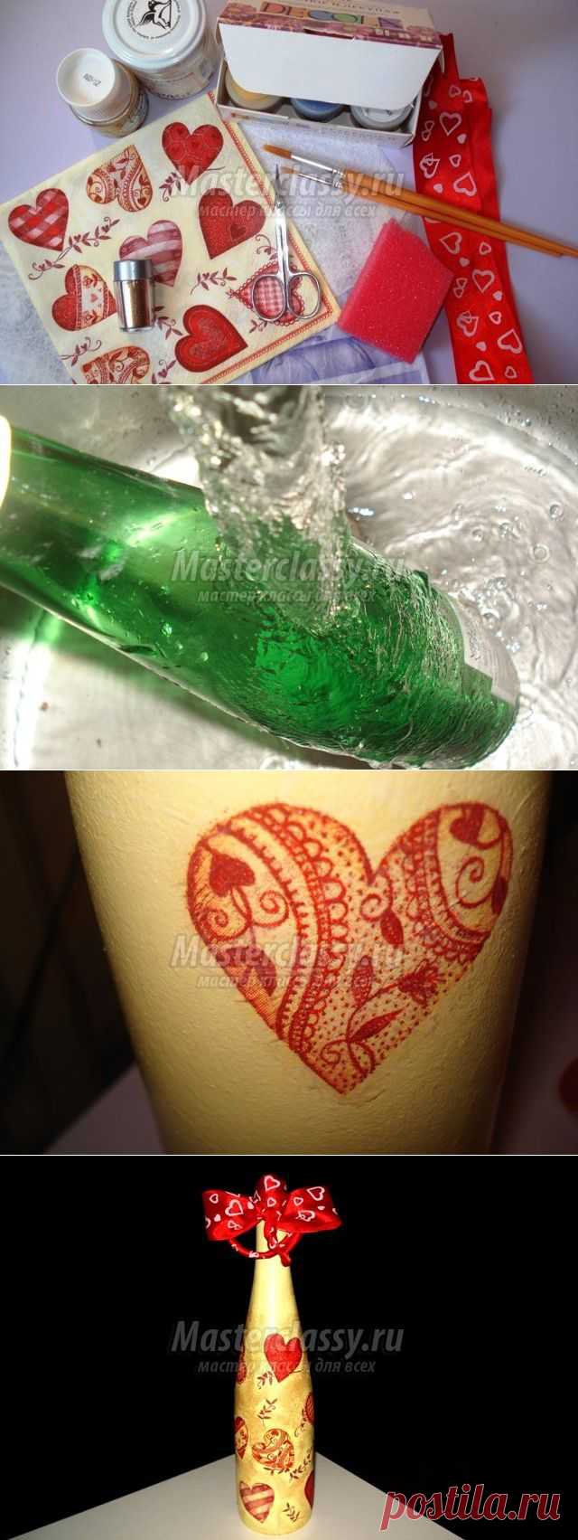 Декупаж бутылки вина ко дню влюбленных. Мастер класс с пошаговыми фото