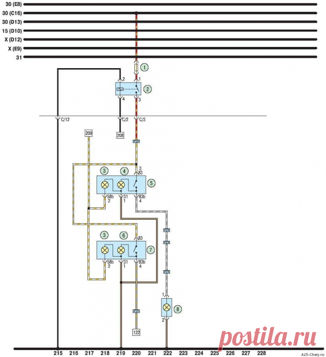 Электросхема задних противотуманных фонарей, света заднего хода Чери Амулет Chery Amulet A15