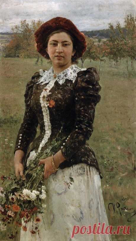 Энциклопедия Репина. Русский художник Илья Ефимович Репин (1844-1930). Осенний букет. Репин. Картина, портрет девушки с букетом цветов в руках, фото, картина, рисунок, живопись. Ilya Repin Personal Site