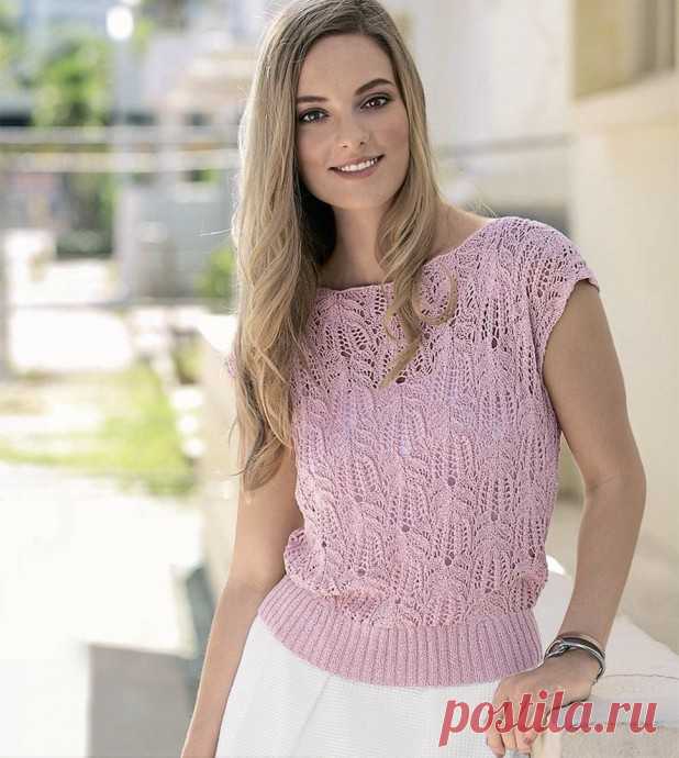 Розовый ажурный топ спицами