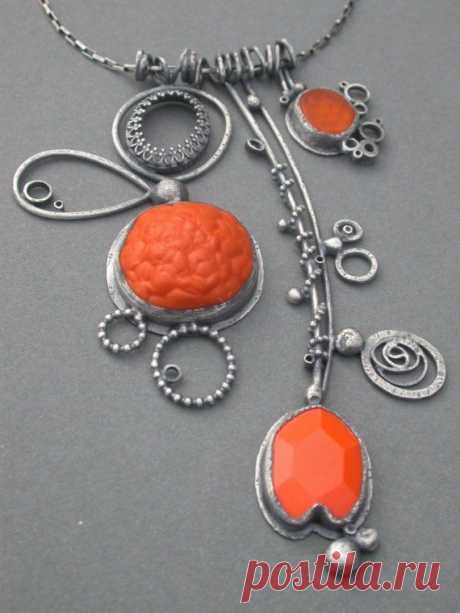 Large orange necklace charms pendant sculptural necklace triple pendant necklace…