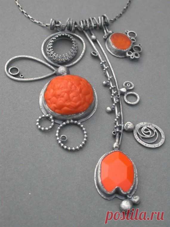 Large orange necklace charms pendant sculptural necklace triple pendant necklace…