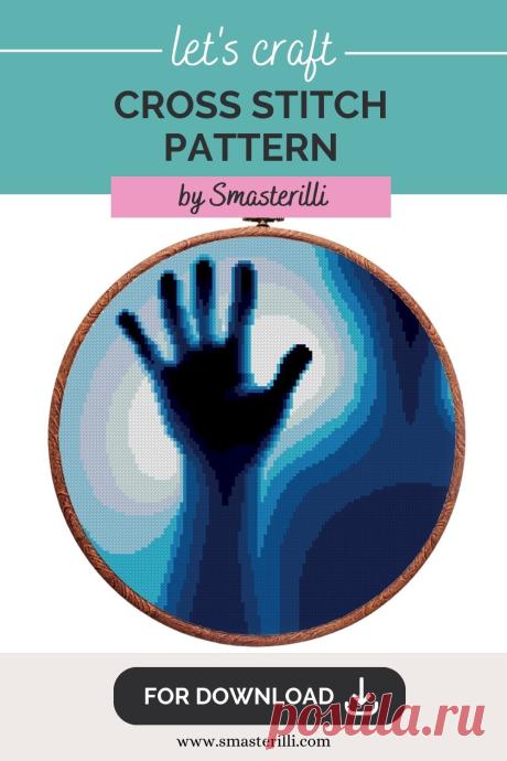 Blue scary ghost hand cross stitch pattern by Smasterilli. Digital cross stitch pattern for instant download. Halloween handmade crafts
