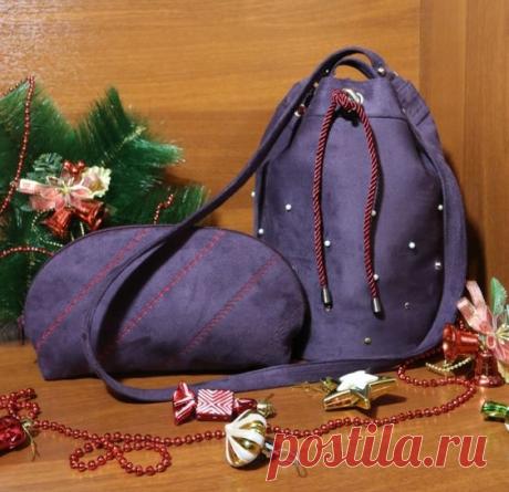 Сумка и косметичка из эко-замши на трикотаже.