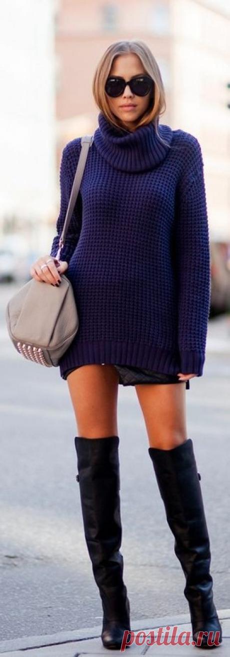 Women's Navy Knit Turtleneck, Black Quilted Leather Mini Skirt, Black Leather Over The Knee Boots, Grey Studded Leather Crossbody Bag | Women's Fashion