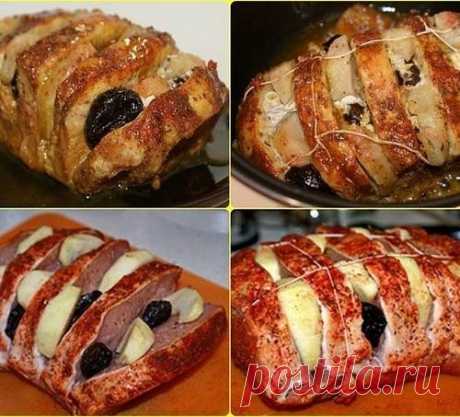 Очень простой рецепт запеченного  мяса с черносливом и яблоками
