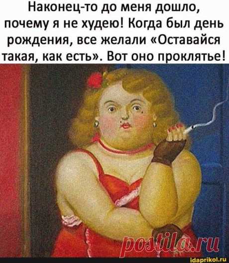 Наконец-то до меня дошло, почему я не худею! Когда был день рождения, все желали "Оставайся такая, как есть". Вот оно проклятье! – популярные мемы на сайте idaprikol.ru