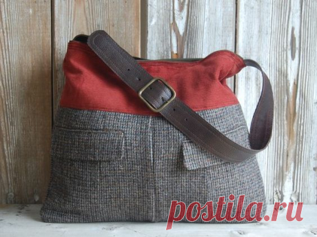 Upcycled Men's Suit Tote - rust corduroy and mens suit fabric