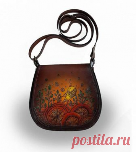 Hand painted leather bag with bird and flowers. small womens bag, leather women's bag, crossbody bag, shoulder bag, This small elegant ladies handbag is made of genuine leather and decorated in modern style.  The picture is handpainted and burned in pyrography technique.  The shoulder strap is made from genuine leather and is adjustable. The main compartment is with a zipper. There is a lining with two