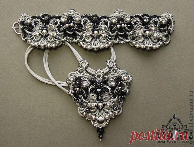 Купить Серебристый иней. Кулон. Браслет - серый, черный, серебристый, ажурный, воздушный, ручное кружево