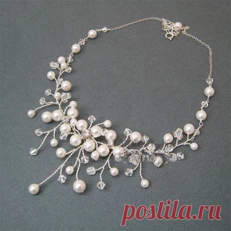 Vine Bridal Necklace, Pearls Wedding Necklace, Wire Wrapped Bridal Necklace, Statement Bridal Jewelry, Wedding Jewelry for brides  Check our Ready to Ship Pieces with great Discount !!! https://www.etsy.com/shop/adriajewelry?ref=hdr_shop_menu&amp;section_id=20069708 ~~~~~~~~~~~~~~~~~~~~~~~~~~~~~~~~~~~~~~~~~~~~~~~~~~~~~~~~~~~~~~  Materials: Swarivski pearls, Swarovski clear crystals, clear rhinestones, Czech crystals, tarnish resistant silver plated wire and findings. Dimension...