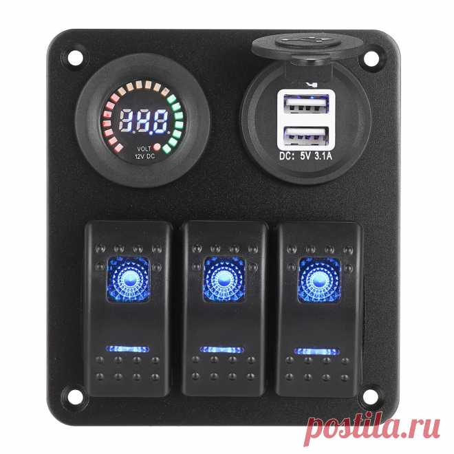 12v 3 gang blue toggle rocker switch panel voltmeter usb charger car marine boat Sale - Banggood.com