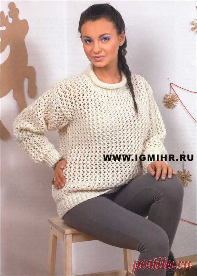 Уютно и тепло! Белый ажурный свитер. Спицы.